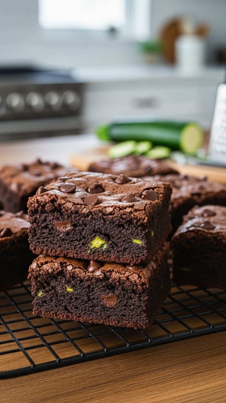 Rich Dark Zucchini Brownies With Crackly Top On Black Wire Cooling Rack