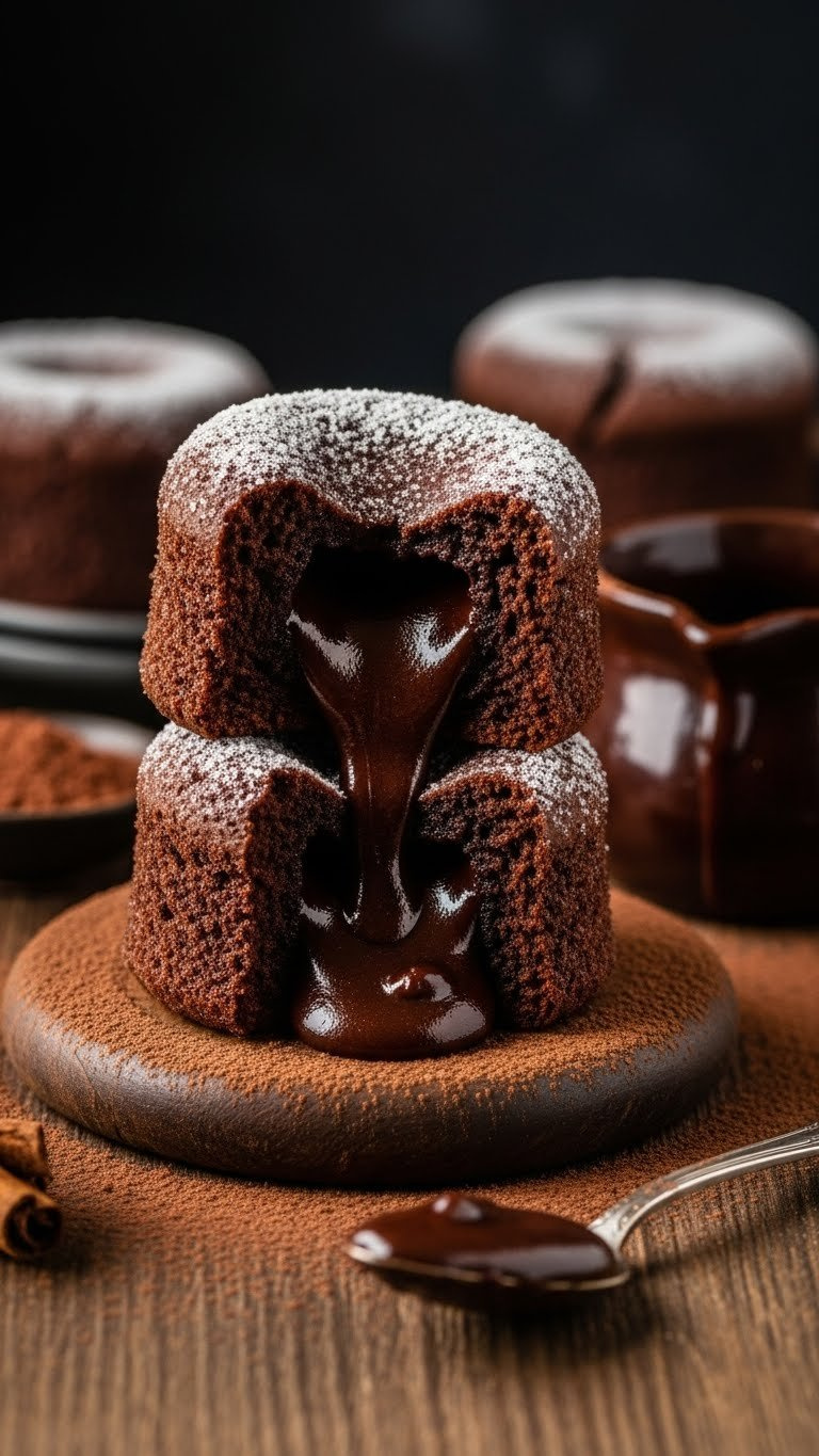 Rich Double Chocolate Fudge Lava Muffins, One Split To Reveal Molten Gooey Center. Rustic Table, Dramatic Side Lighting. Decadent Dessert.