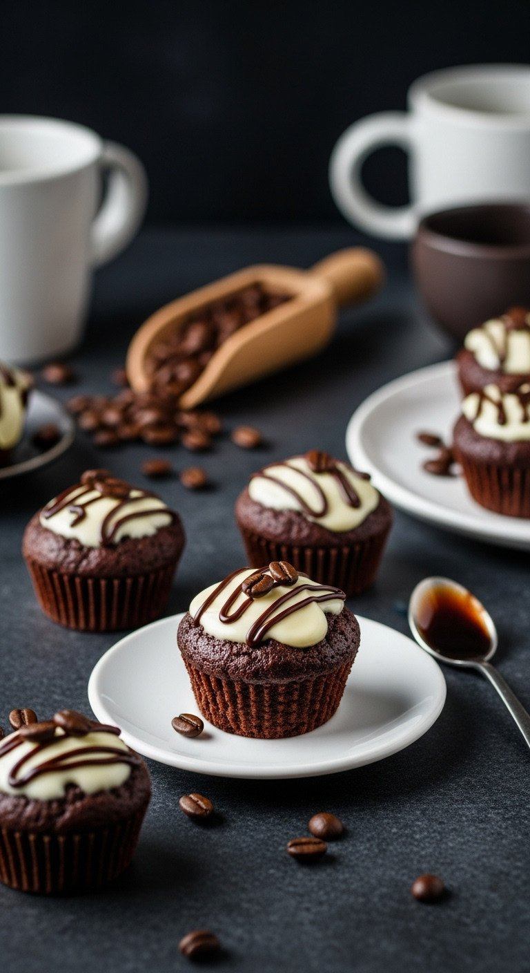 Rich Espresso Chocolate Brownie Bites With Glaze And Coffee Beans. Fudgy, Gourmet Dessert On Dark Granite, Elegant Setting.