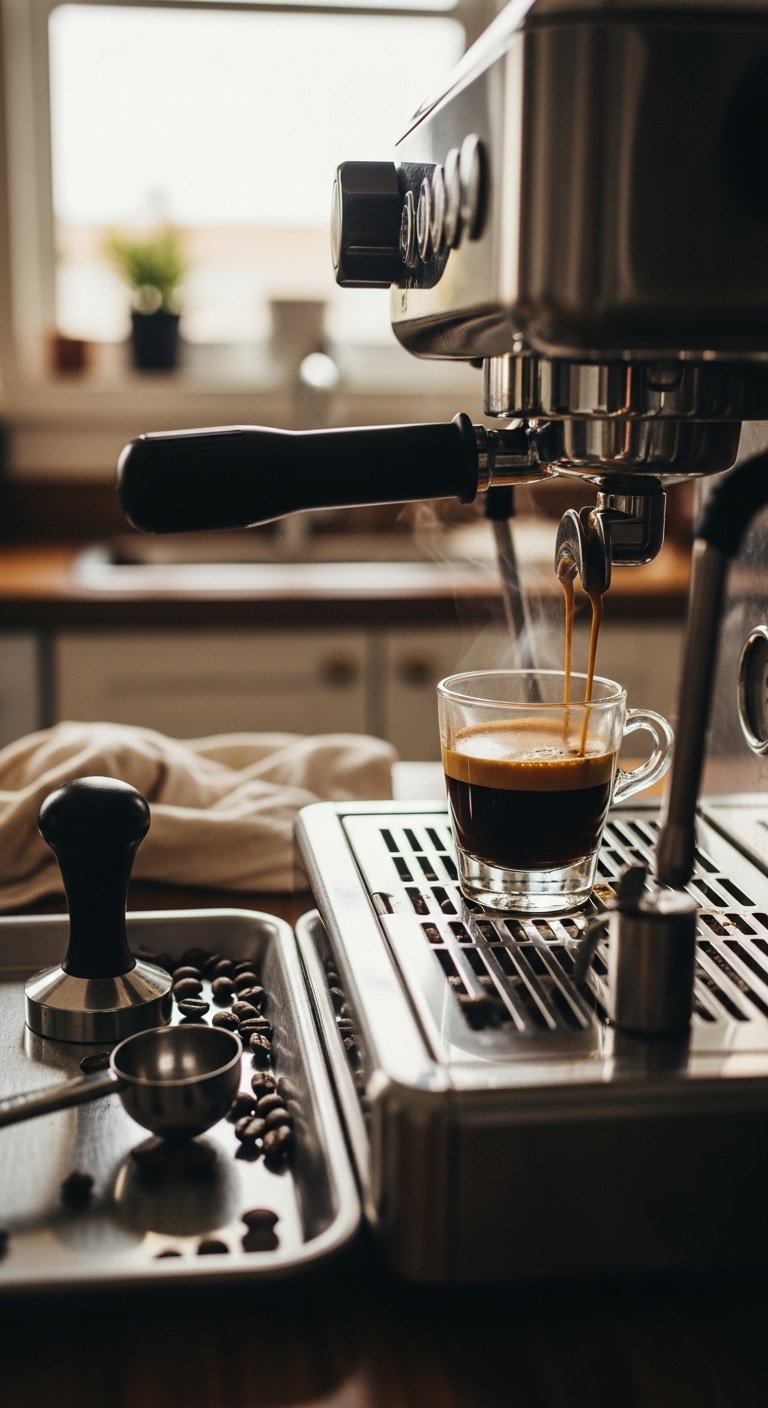 Rich Espresso Shot With Golden Crema Flowing From A Machine Into A Demitasse Cup On A Stainless Steel Tray.