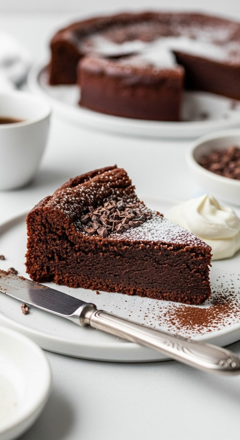 Rich Flourless Dark Chocolate Torte Slice, Cocoa Nibs, Sugar Dust, Elegant White Plate. Sophisticated Gourmet Dessert.