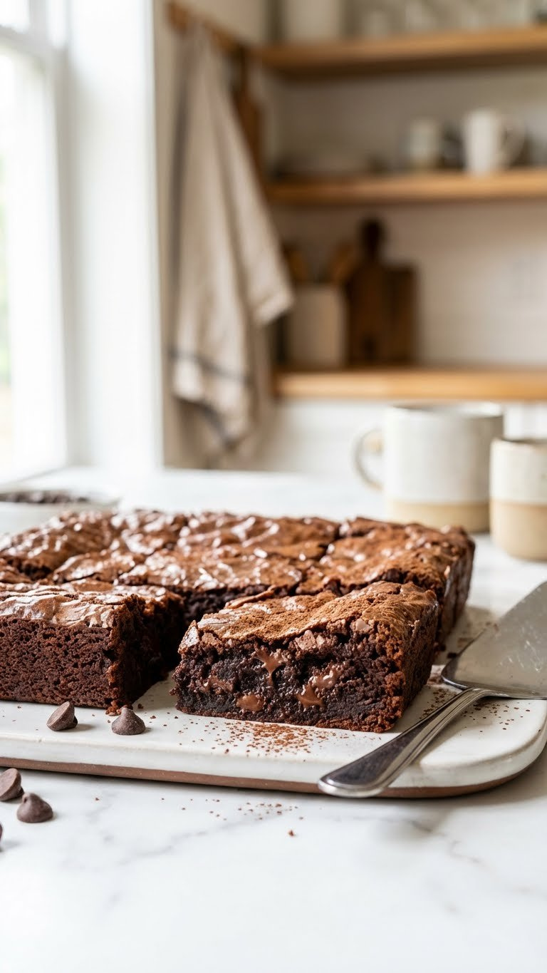 Rich, Fudgy Chocolate Brownies With A Shiny Crackled Top And Melted Chunks On A Marble Countertop In Bright Daylight.