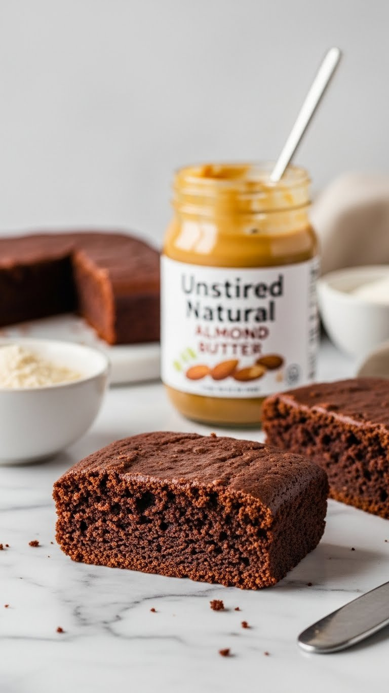 Rich, Fudgy Chocolate Cake Slice Showcasing Moist Crumb From Unstirred Almond Butter, With Oil Separation Visible.
