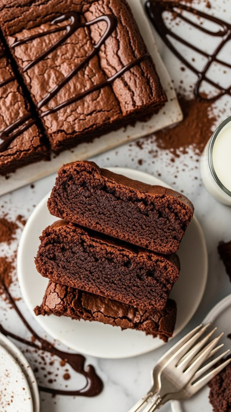 Rich, Fudgy Dark Chocolate Brownies With Gooey Centers, Sliced And Stacked On Marble With Cocoa Powder. Elegant Dessert.