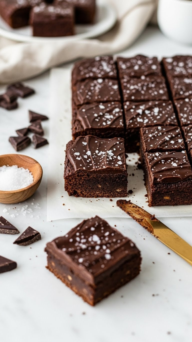 Rich Fudgy No-Bake Chocolate Chickpea Blondies With Sea Salt On Marble Countertop In Bright Daylight