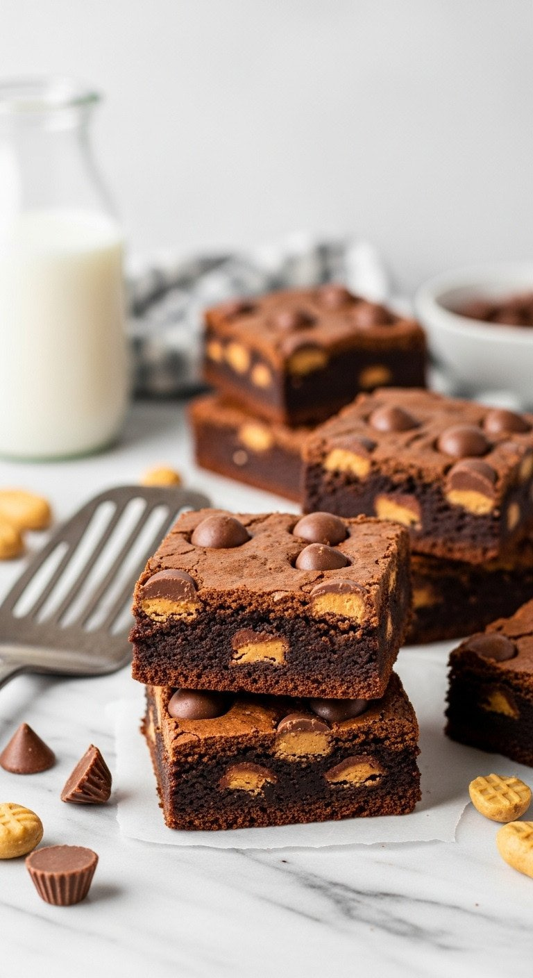 Rich Fudgy Peanut Butter Cup Brownies With Crisp Edges On Marble, Served With Milk. Decadent Homemade Chocolate Dessert.