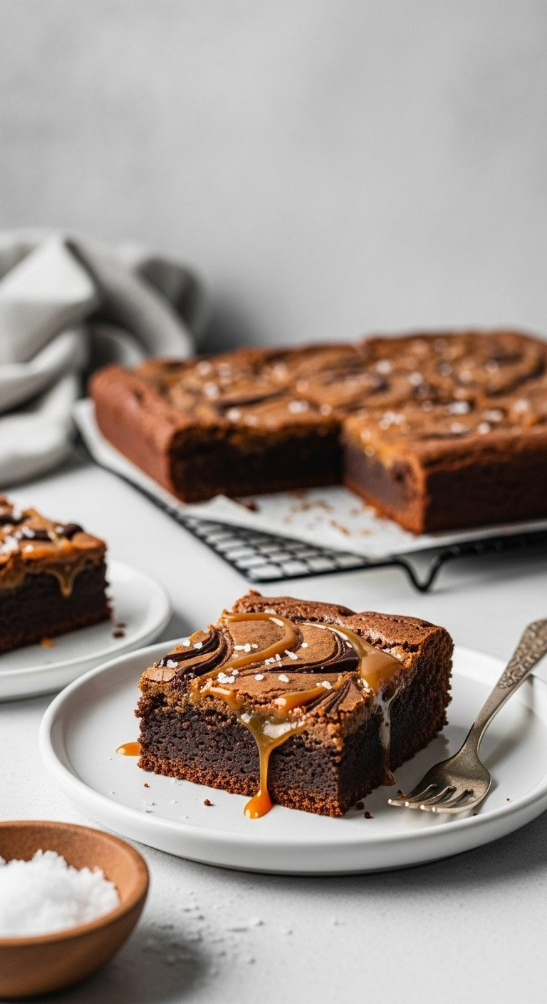 Rich Fudgy Salted Caramel Chocolate Brownie, Crackly Top, Dense Interior, Caramel Swirl. Cozy Dessert Photography.