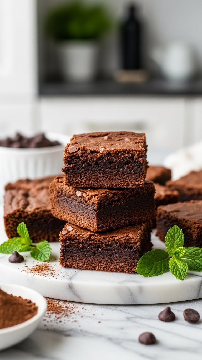 Rich Fudgy Sweet Potato Brownies Cut Into Squares On Marble Platter With Cocoa Powder Dusting And Mint Garnish