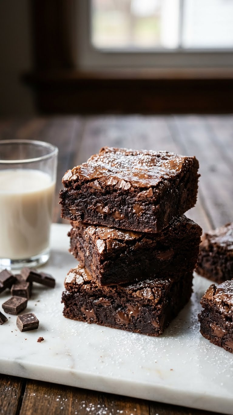 Rich, Fudgy Vegan Brownies With A Glossy Top And Melted Chocolate Chunks On A Marble Countertop With Powdered Sugar.