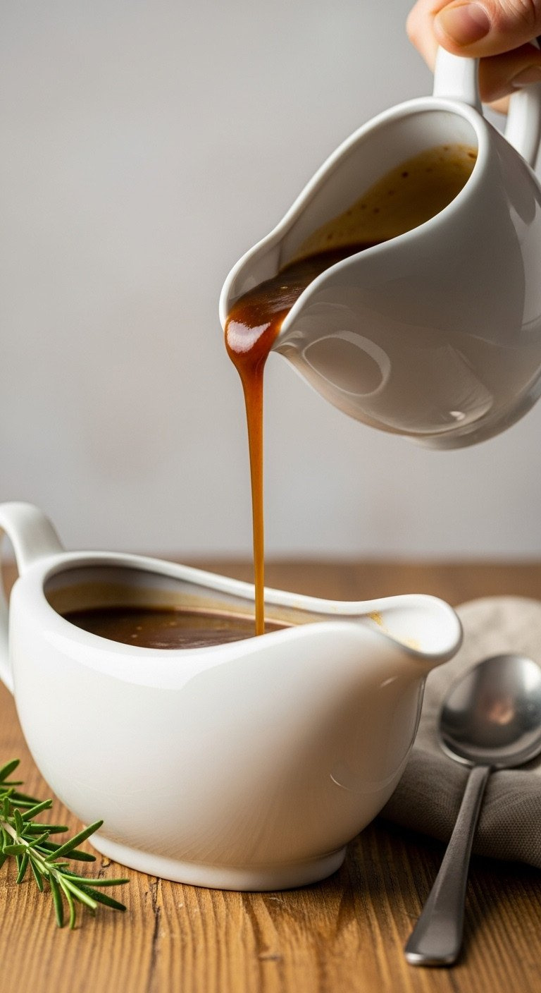 Rich, Glistening Dark Brown Gravy Pouring From An Elegant White Ceramic Gravy Boat, With Rosemary, On A Rustic Table.