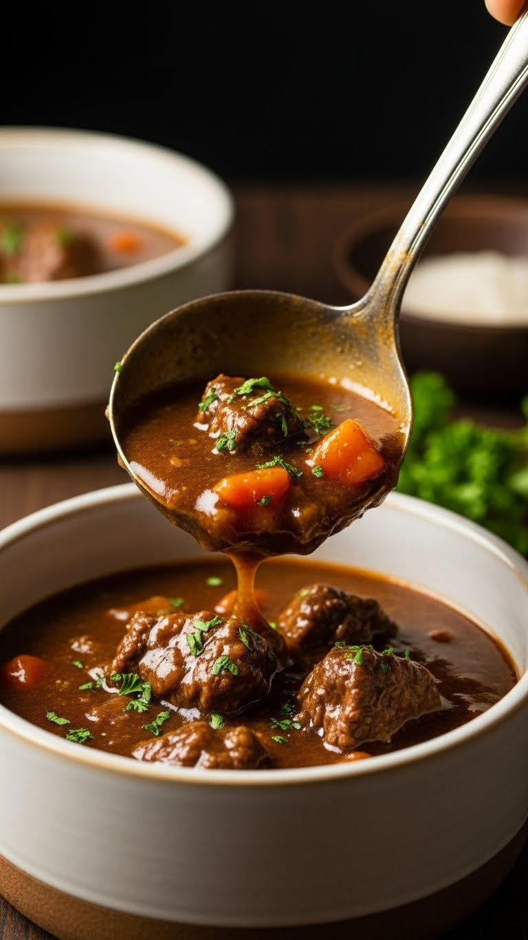 Rich Glossy Beef Stew Being Ladled Into Rustic Ceramic Bowl With Fresh Parsley Garnish