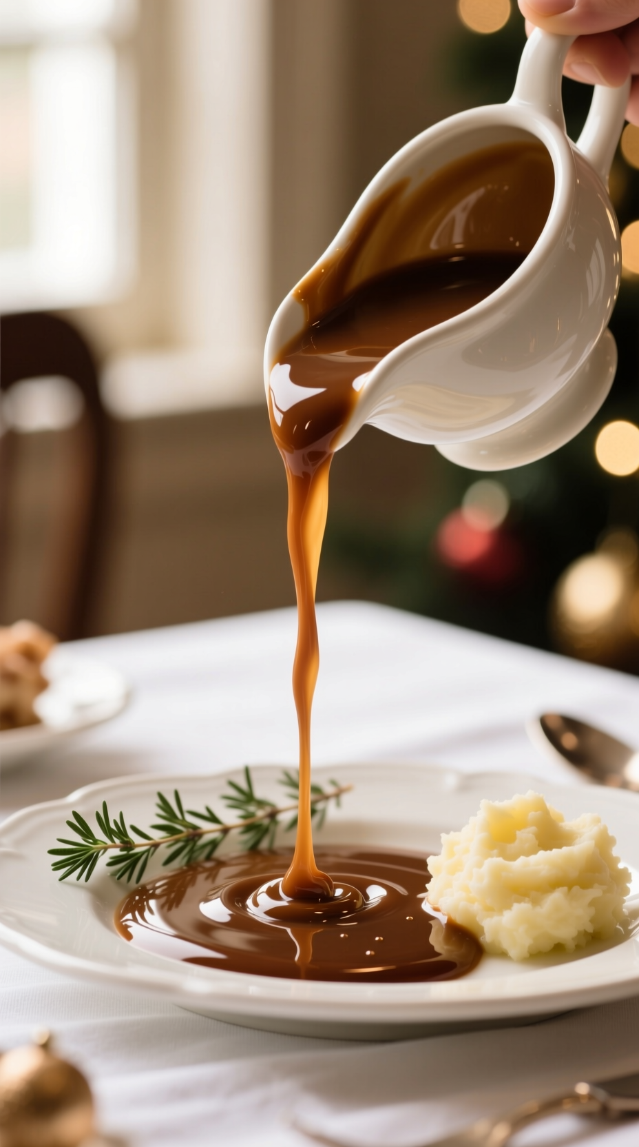 Rich, Glossy Homemade Brown Gravy Pouring From A Gravy Boat, With Fresh Thyme &Amp; Mashed Potatoes On A Holiday Table.