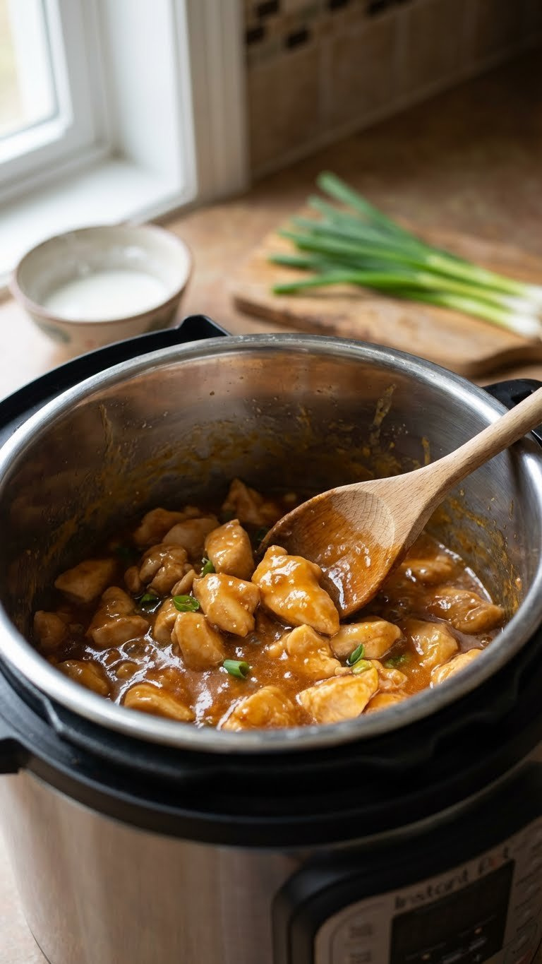 Rich, Glossy Orange Chicken Sauce Thickens With Tender Chicken Pieces In An Instant Pot, Stirred By A Wooden Spoon.