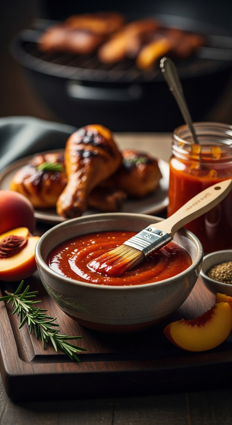 Rich Glossy Peach Bbq Sauce In A Rustic Ceramic Bowl With A Brush And Blurred Grilled Meat Background