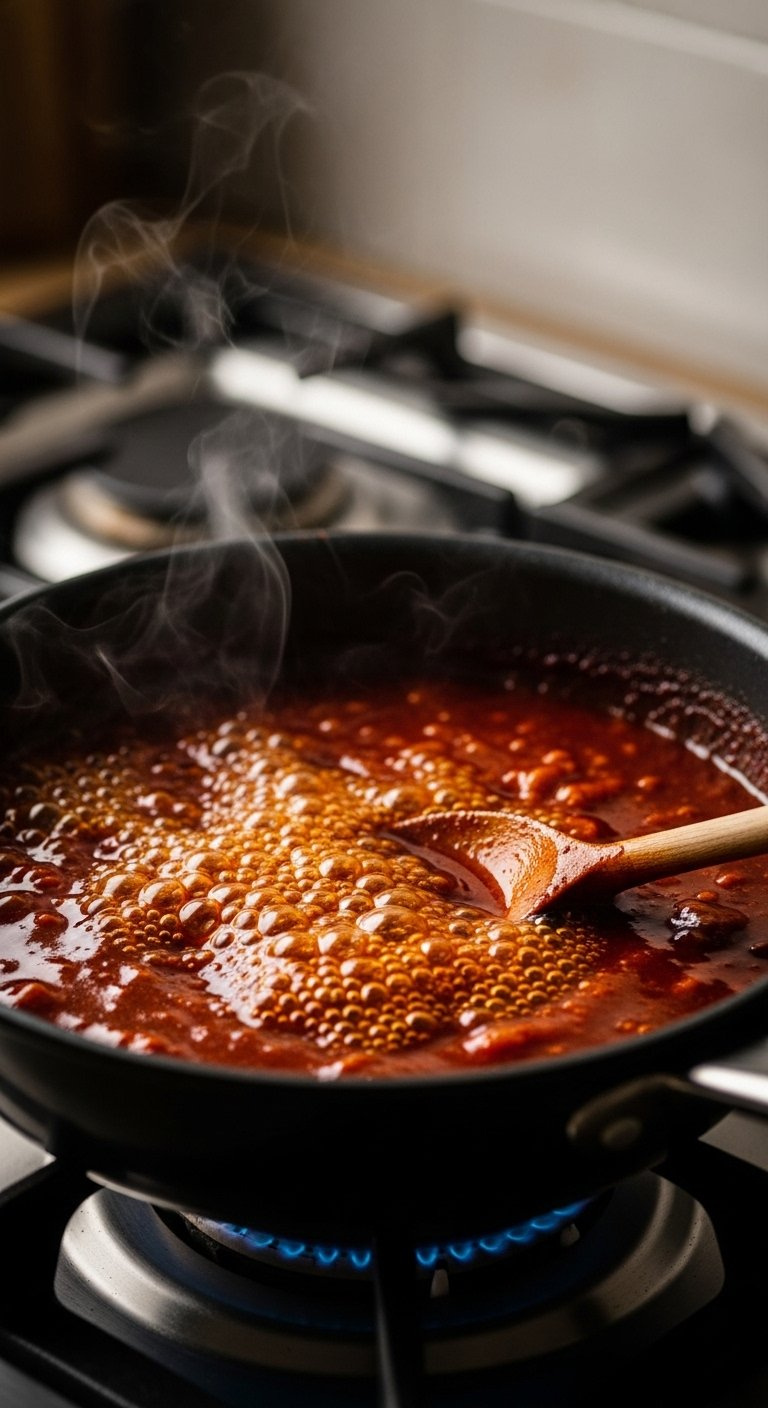 Rich Glossy Red Gochujang Sauce Simmering And Bubbling Gently In A Saucepan On A Gas Stovetop.