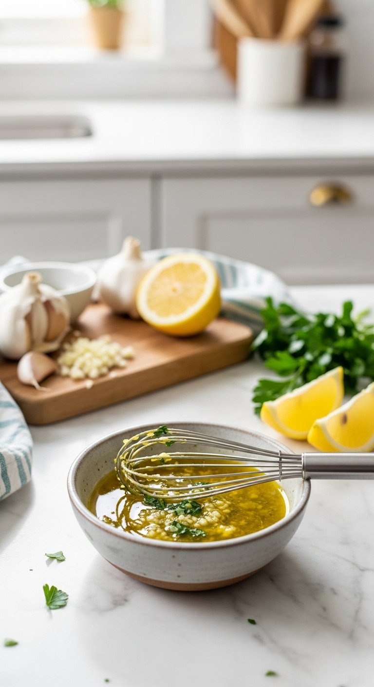 Rich Golden Garlic Lemon Butter Sauce In A Rustic Ceramic Bowl Garnished With Parsley And Fresh Lemon Wedges.