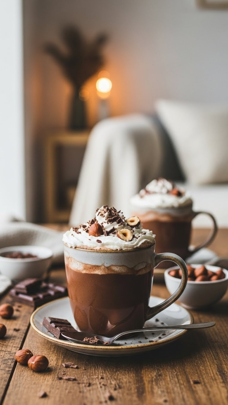 Rich Hazelnut Hot Chocolate Overflowing With Whipped Cream And Chocolate Shavings