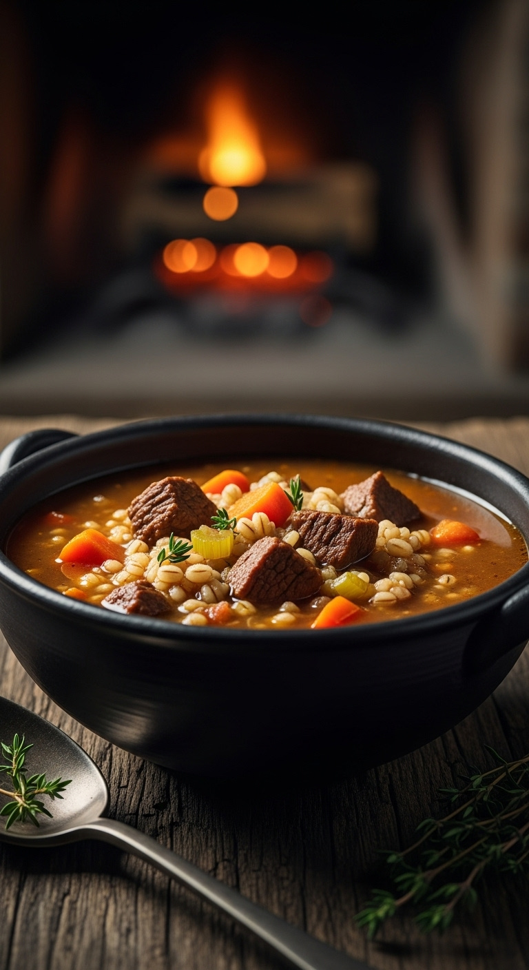 Rich Hearty Beef Barley Soup With Tender Beef And Vegetables In An Earthenware Bowl With A Spoon And Thyme