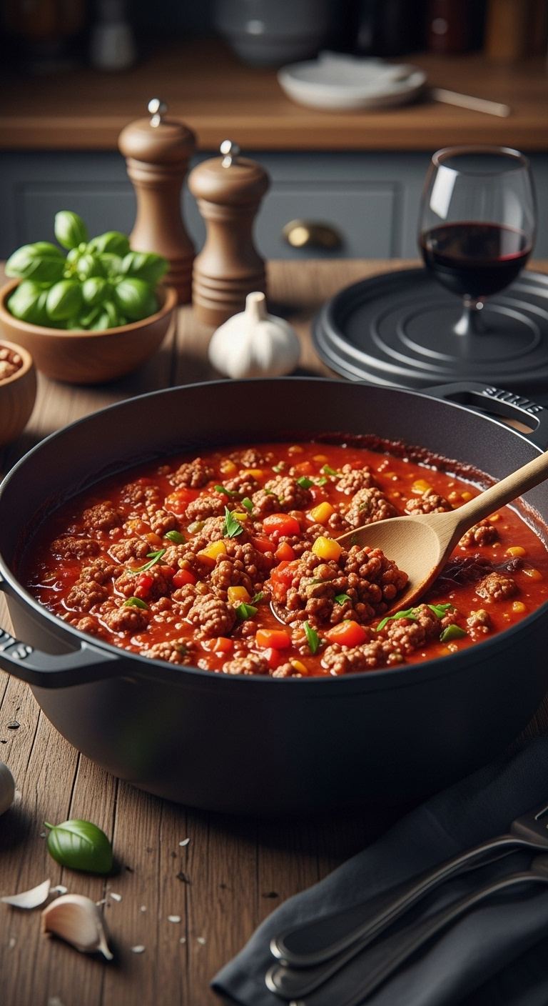 Rich Hearty Meat Sauce Bubbling In A Rustic Cast-Iron Dutch Oven With A Wooden Spoon On A Wood Table With Warm Light
