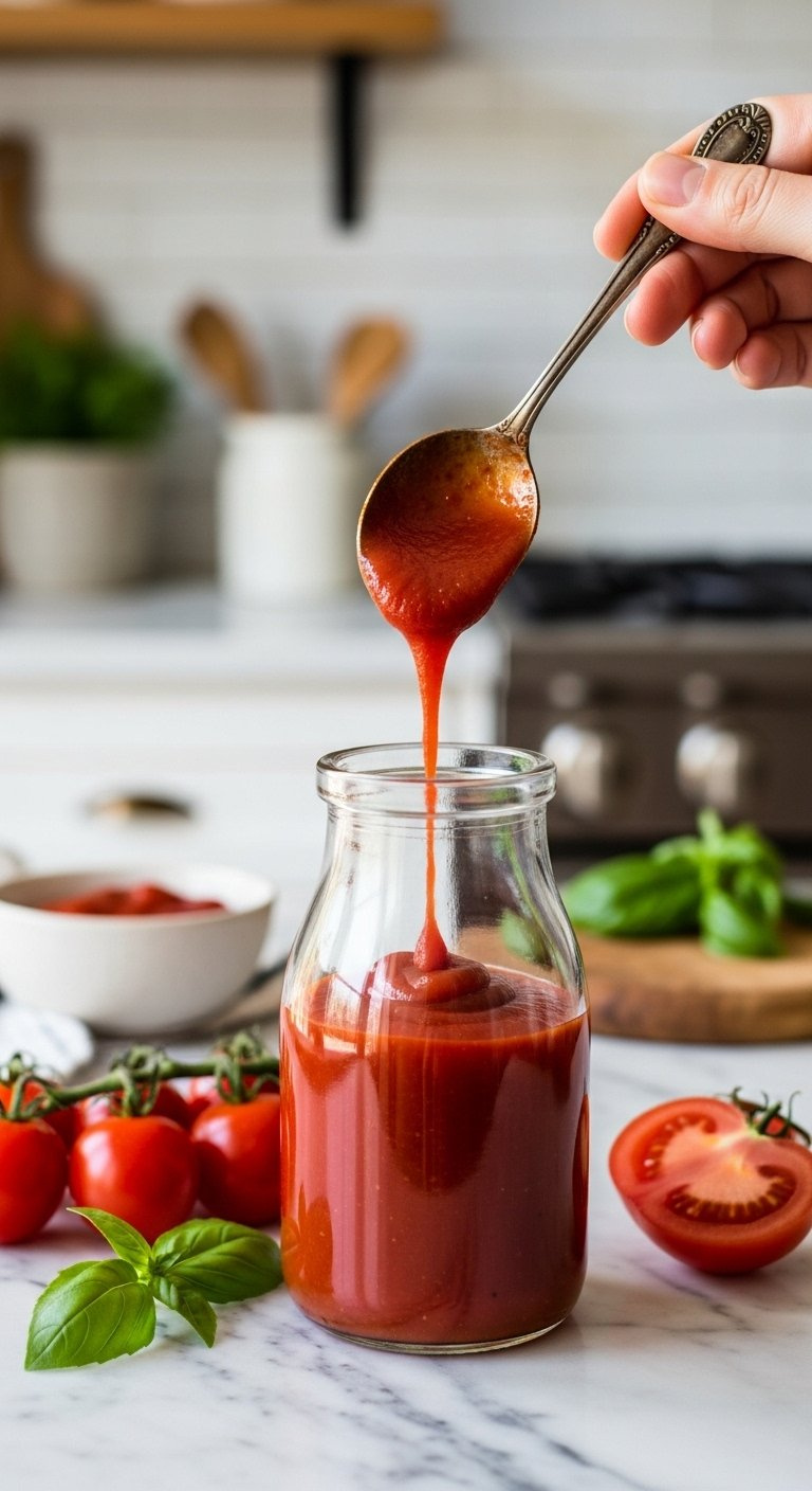 Rich Homemade Ketchup Pouring From A Rustic Spoon Into A Clear Glass Bottle On Marble.