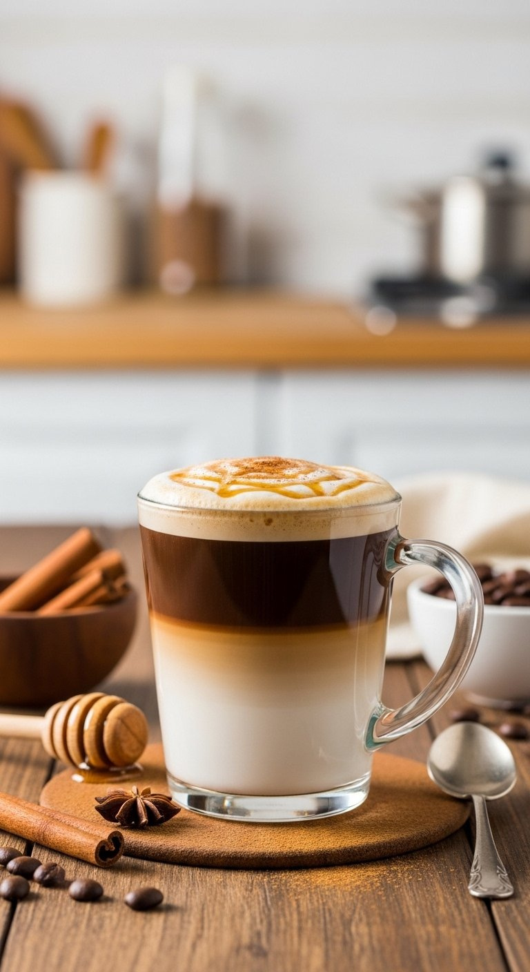 Rich Hot Honey Cinnamon Latte In A Clear Glass Mug Layered With Espresso And Steamed Milk On A Rustic Wooden Table.