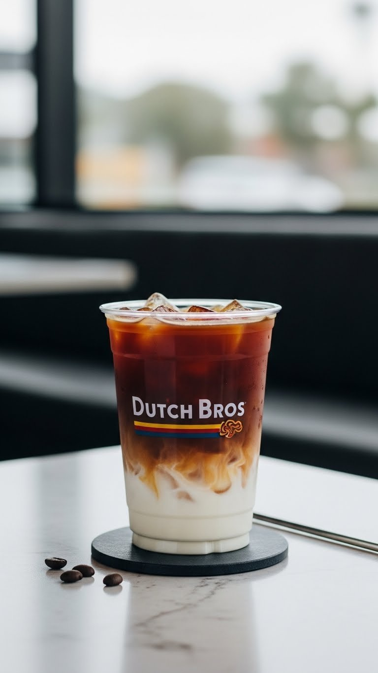 Rich Iced 911 Coffee In Clear Dutch Bros Cup Showcasing Deep Brown Espresso Layers With Dark Roast Beans
