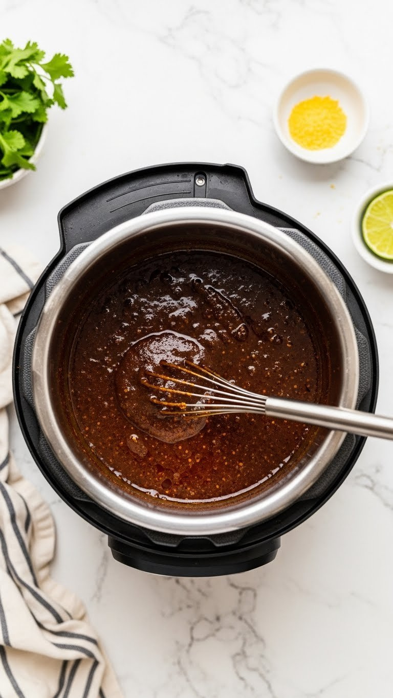 Rich Jerk Sauce Bubbling Gently In An Instant Pot Liner With Visible Spices On A Clean Kitchen Counter.