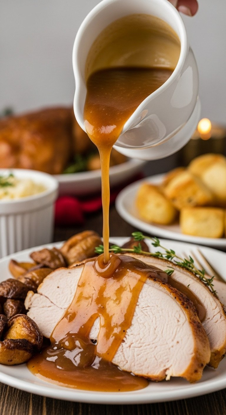 Rich Low-Carb Gravy Pouring From A Boat Onto A Turkey Slice, Garnished With Thyme On A Festive Dinner Plate.