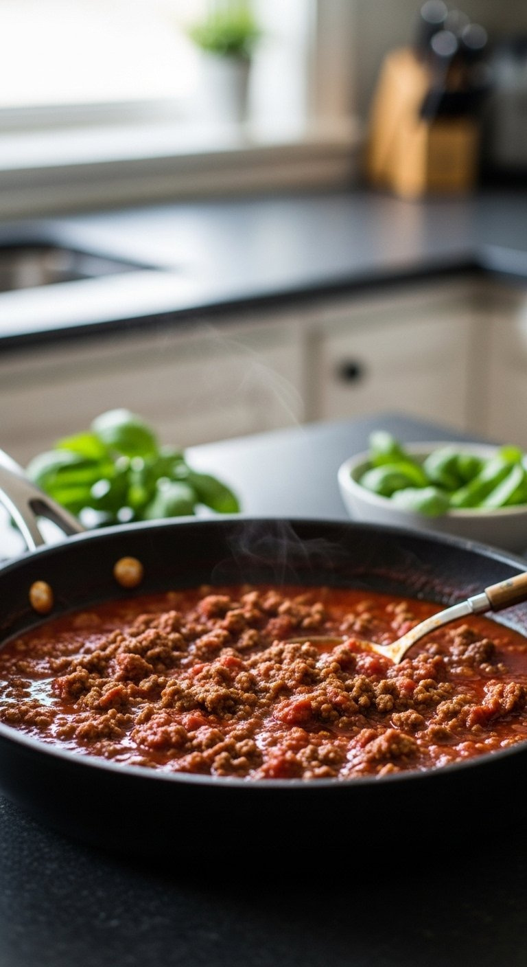 Rich Marinara Sauce Mixed With Browned Ground Beef Simmering In A Skillet Garnished With Fresh Basil.