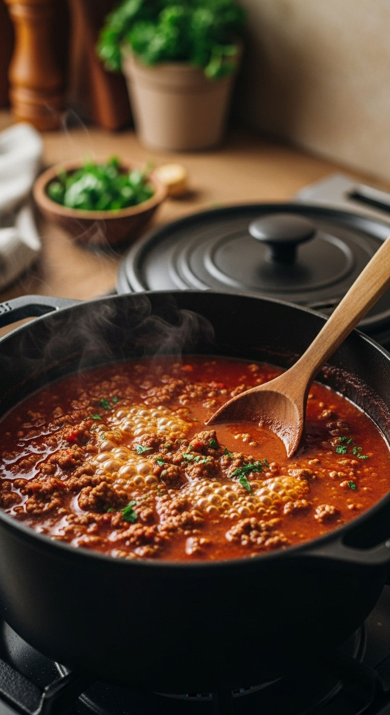 Rich Meat Sauce Simmering In A Cast Iron Dutch Oven On A Stovetop With A Wooden Spoon And Fresh Parsley Warm Moody Light