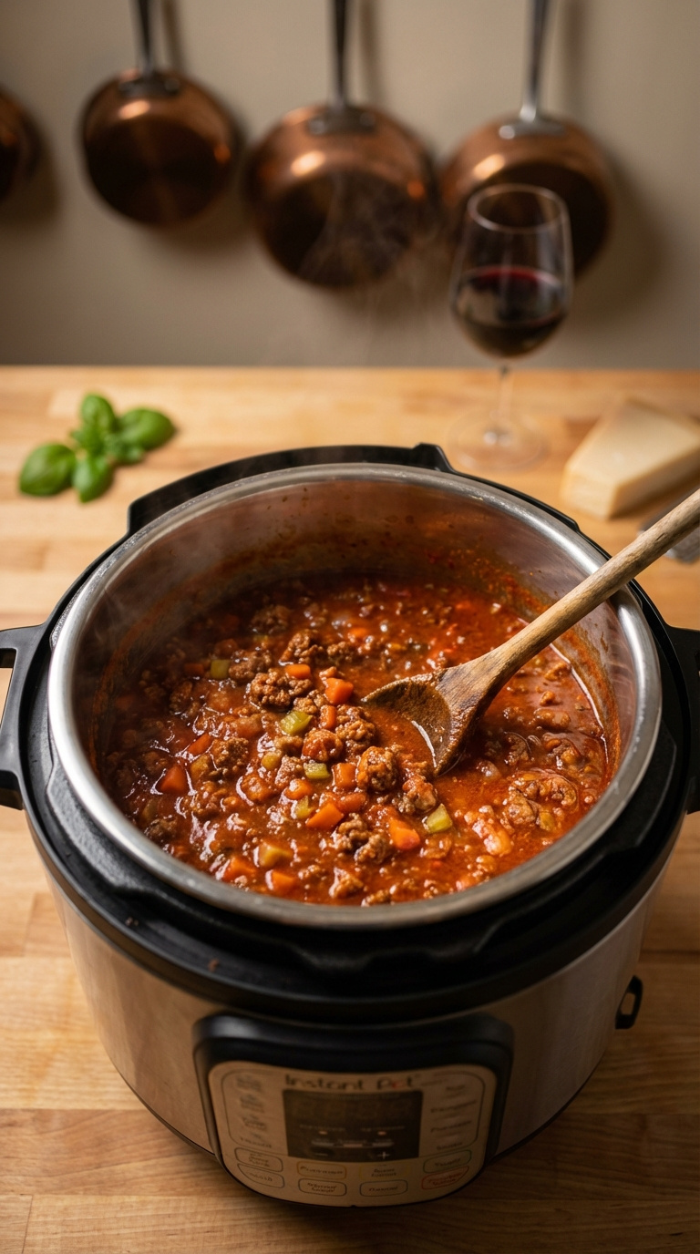 Rich Meaty Bolognese Sauce Simmering With Ground Beef, Carrots, Celery And Wooden Spoon In Stainless Steel Pot.