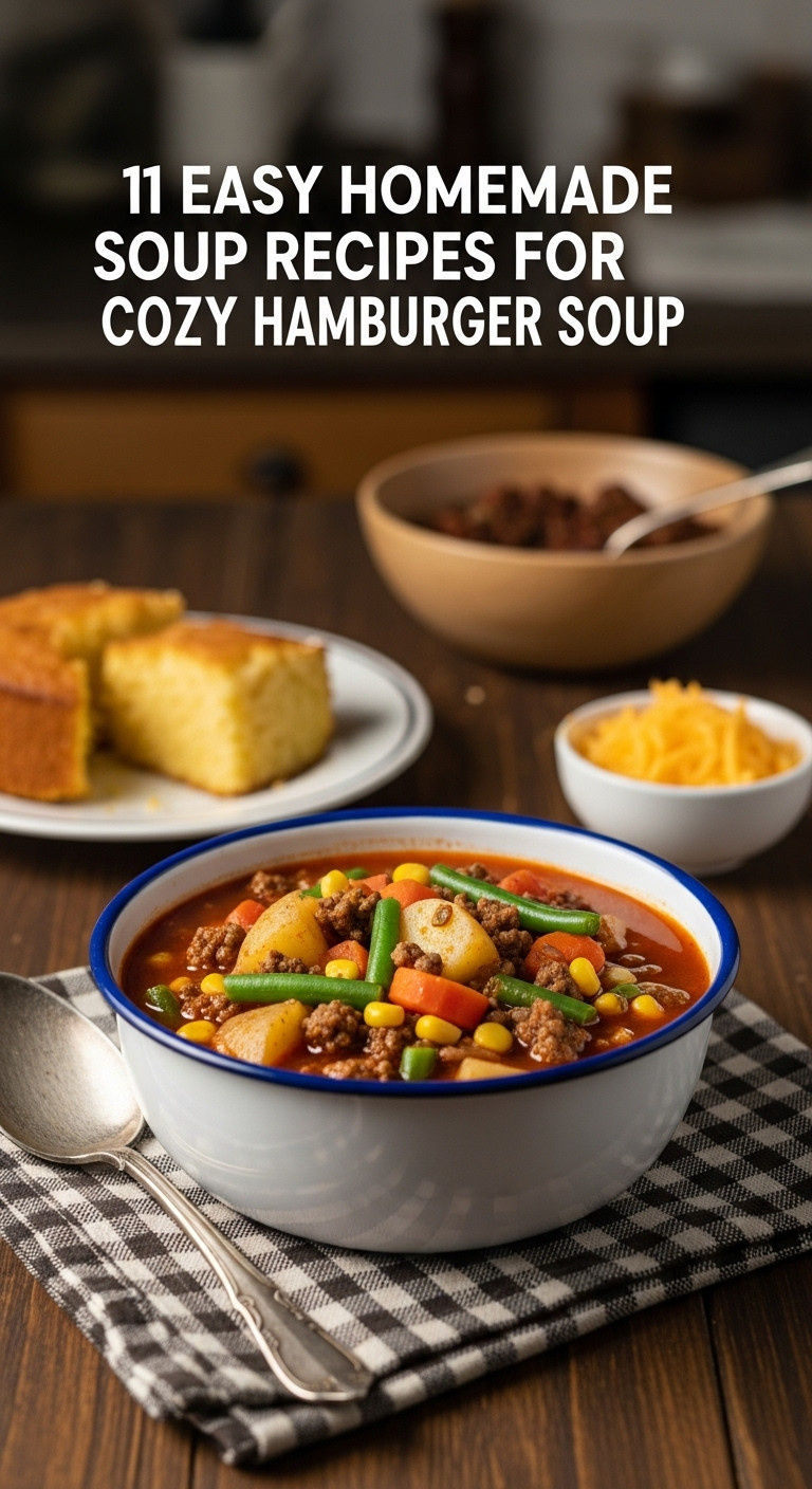 Rich Meaty Hamburger Soup With Ground Beef Potatoes Carrots Corn And Green Beans In An Enamel Bowl On A Flannel Napkin