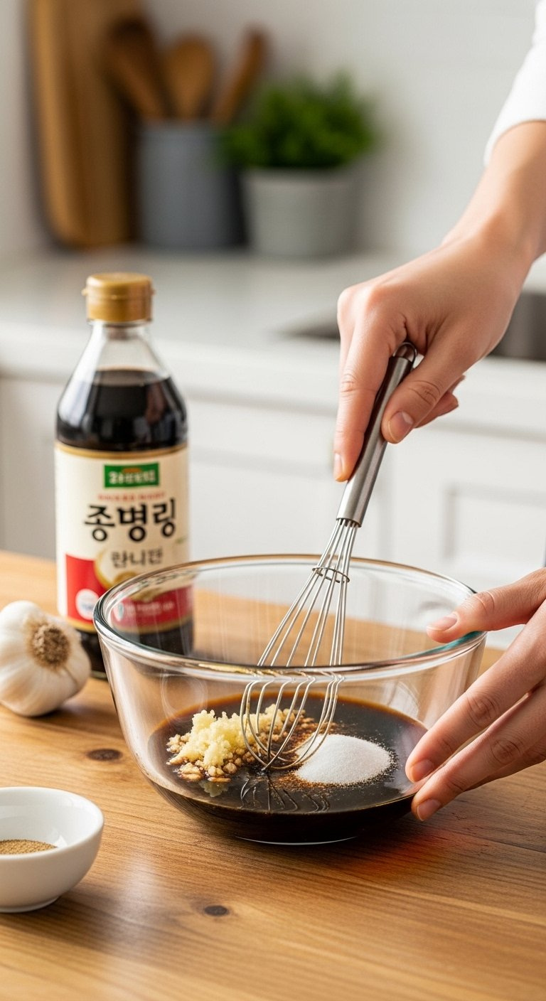 Rich Mixture Of Soy Sauce And Garlic Being Whisked In A Glass Bowl On A Rustic Wooden Table.