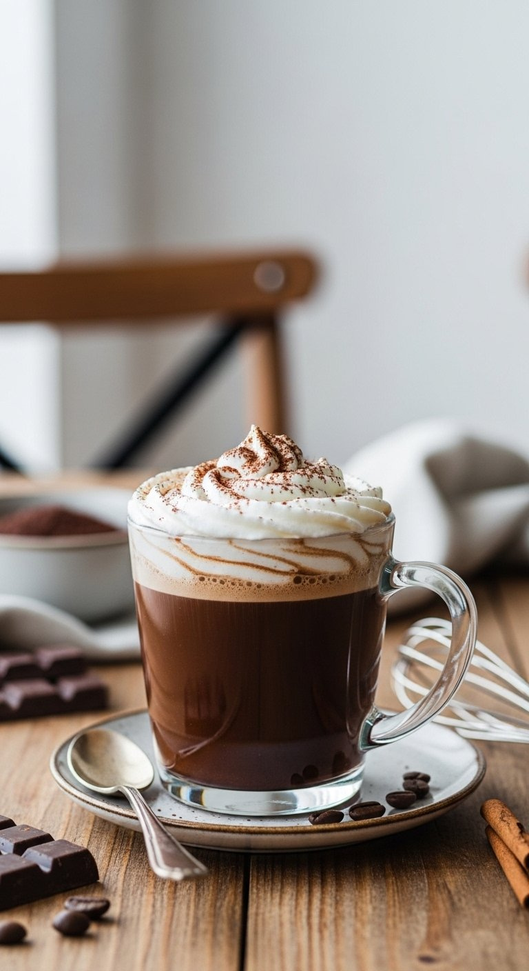 Rich Mocha Latte Topped With Whipped Cream And Cocoa Powder Served In A Clear Mug On Wood.