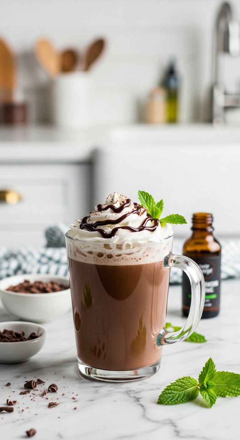 Rich Mocha Mint Latte With Whipped Cream And Mint Leaf In A Clear Mug.