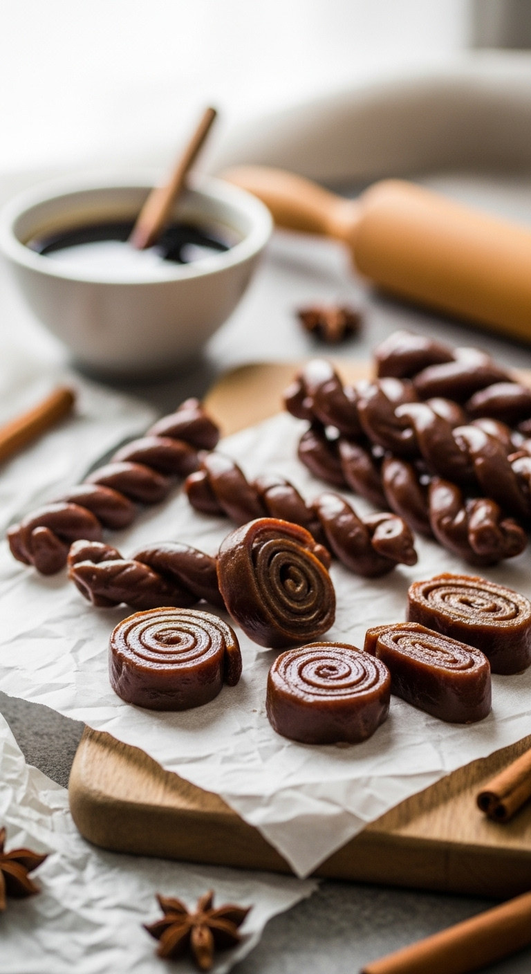 Rich Molasses Taffy, Twisted &Amp; Cut On Parchment, Rustic Wood Board. Blurred Molasses Bowl, Autumn Spices. Homemade Halloween Candy.