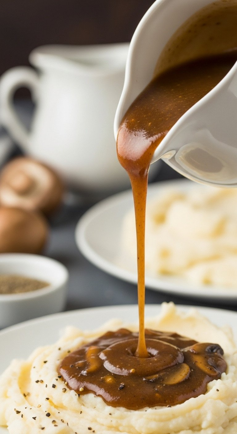 Rich Mushroom Gravy Pouring From A White Boat Onto Creamy Mashed Potatoes, Garnished With Black Pepper.