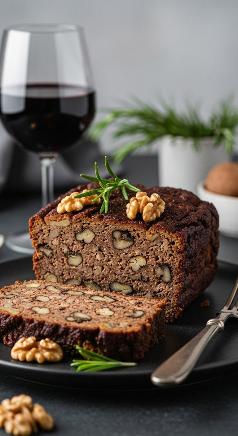 Rich Mushroom Walnut Roast Slice On Stone, Showcasing Dense Texture. Savory Vegan Holiday Dinner Recipe With Rosemary.