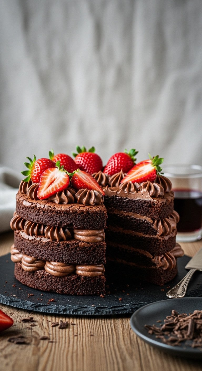 Rich No-Bake Brownie Layer Cake With Chocolate Ganache, Fresh Strawberries, Dark Chocolate Shavings, Elegant Dessert.