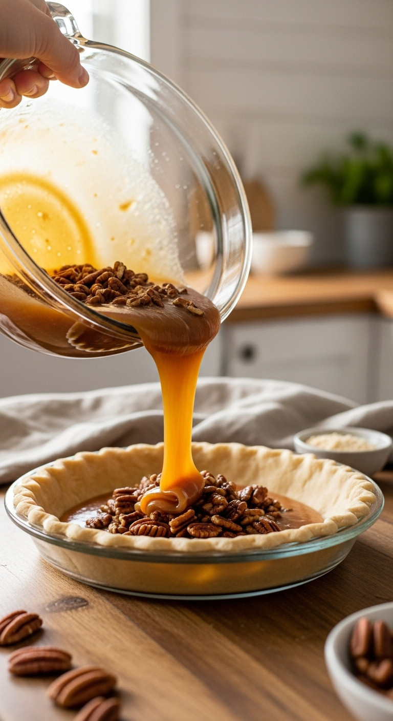 Rich Pecan-Filled Caramel Liquid Being Poured Into An Unbaked Pie Crust In A Glass Plate On A Rustic Wooden Table.