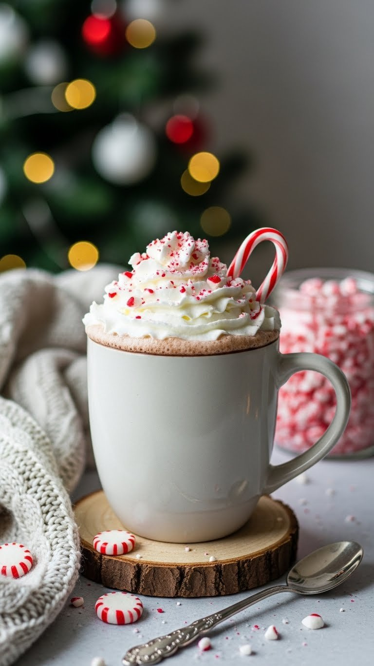 Rich Peppermint Hot Chocolate With Whipped Cream And Crushed Candy Topping In Festive Ceramic Mug.