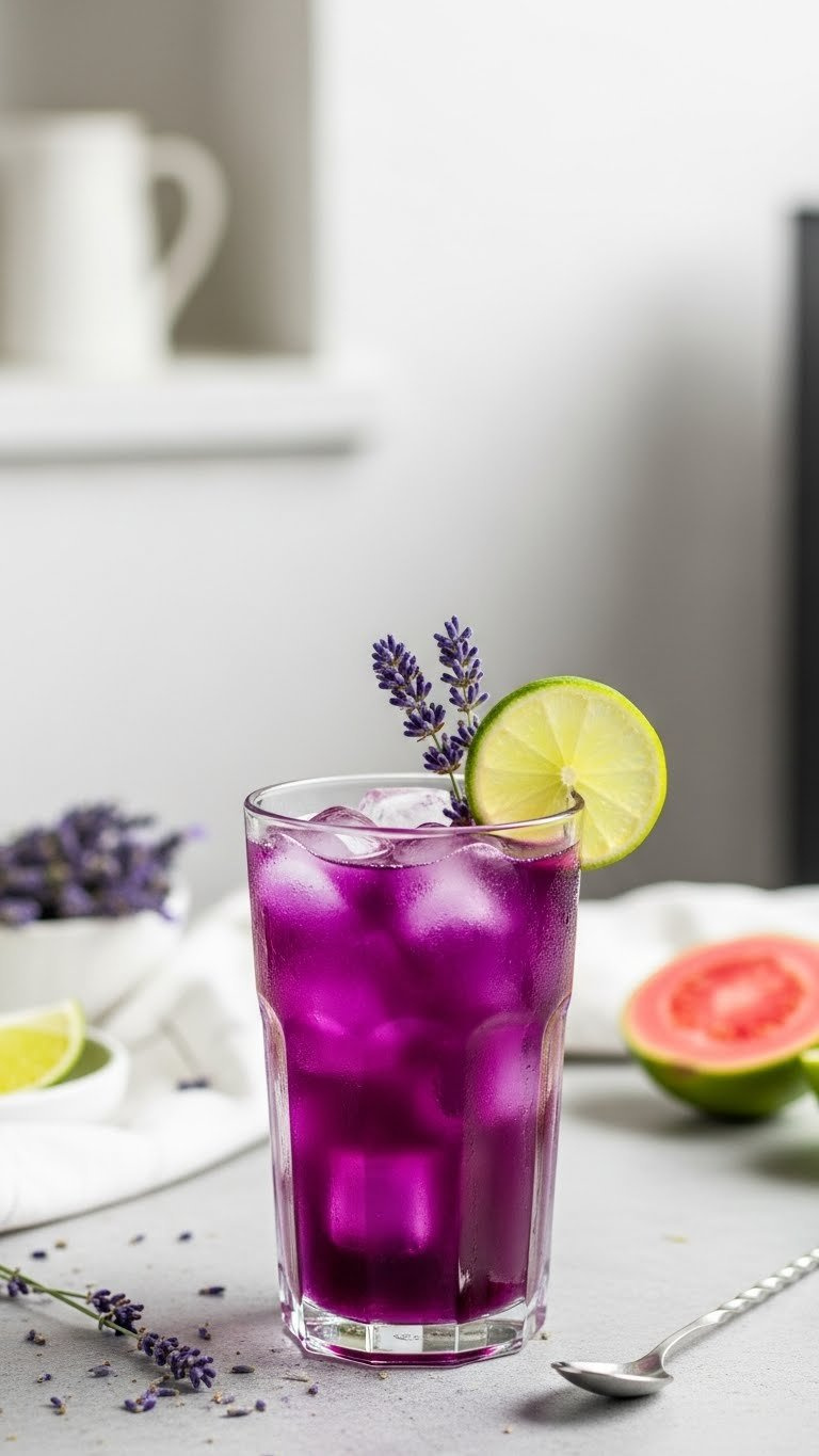 Rich Purple Purple Lotus Energy Refresher With Lavender And Lime Slice On Light Gray Stone Surface