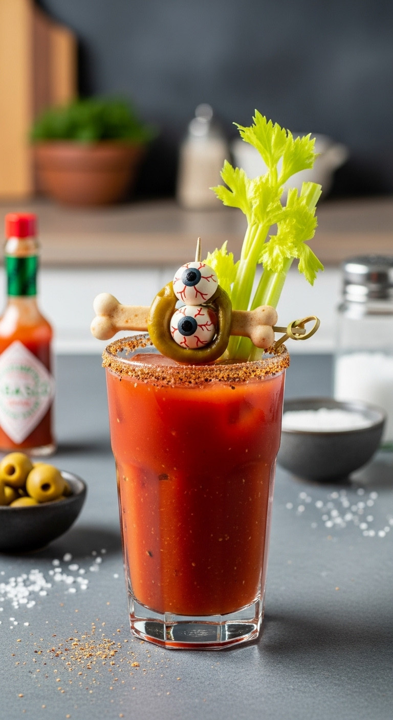 Rich Red Bloody Mary With A Spiced Salt Rim, An Eyeball Garnish, And A Celery Bone In A Tall Glass.