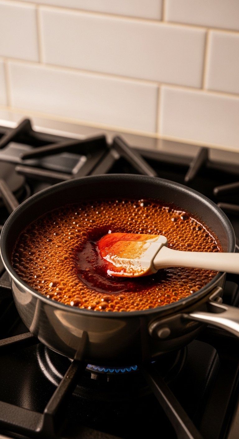 Rich Red Gochujang Glaze Bubbling And Thickening In A Small Modern Saucepan On A Stovetop.