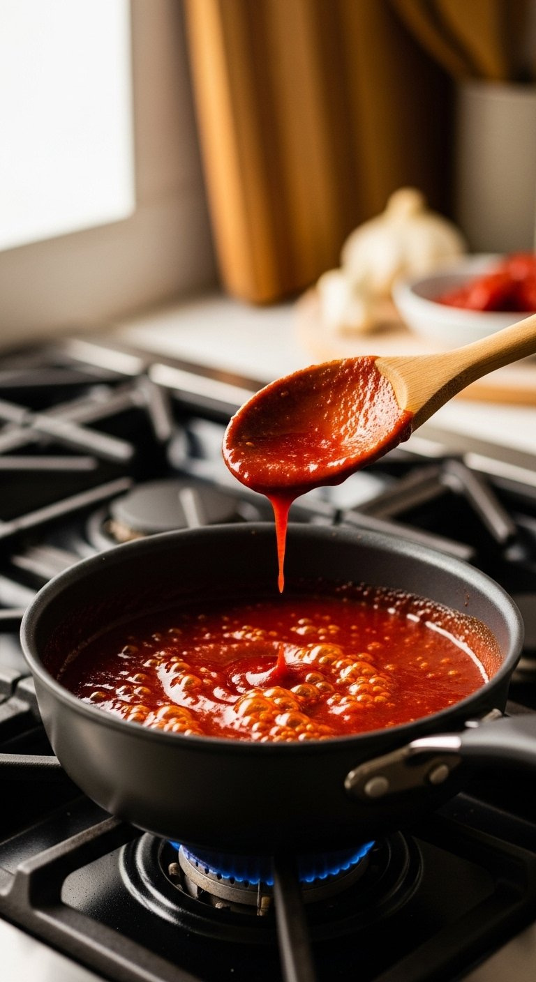Rich Red Gochujang Wing Sauce Simmering With Bubbles In A Small Modern Saucepan.