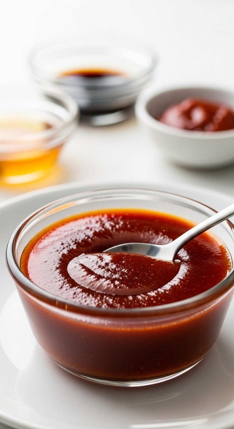Rich Red Korean Chicken Sauce In A Glass Bowl With A Tasting Spoon On A White Plate.