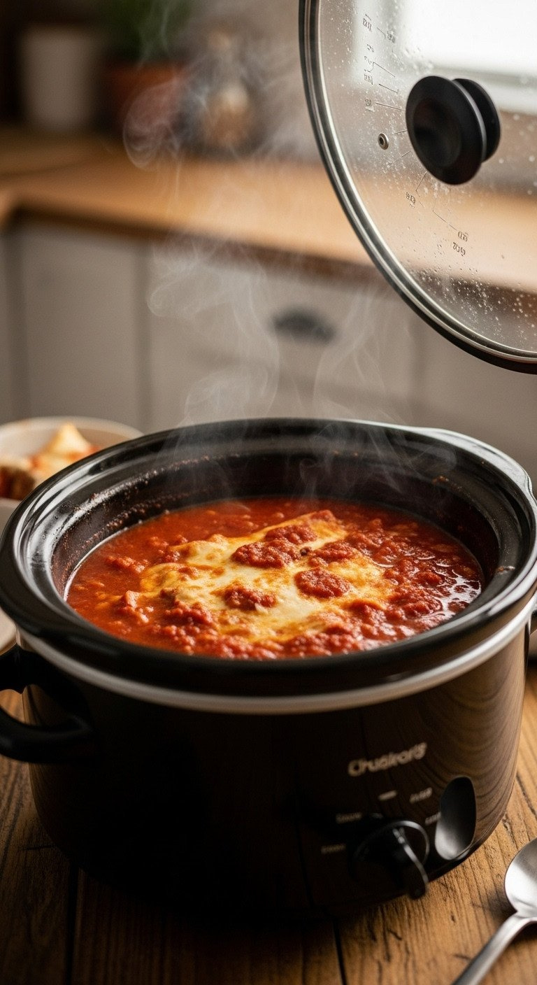 Rich Red Lasagna Soup Simmering Gently In A Dark Ceramic Slow Cooker, Lid Ajar With Steam, On A Rustic Table.
