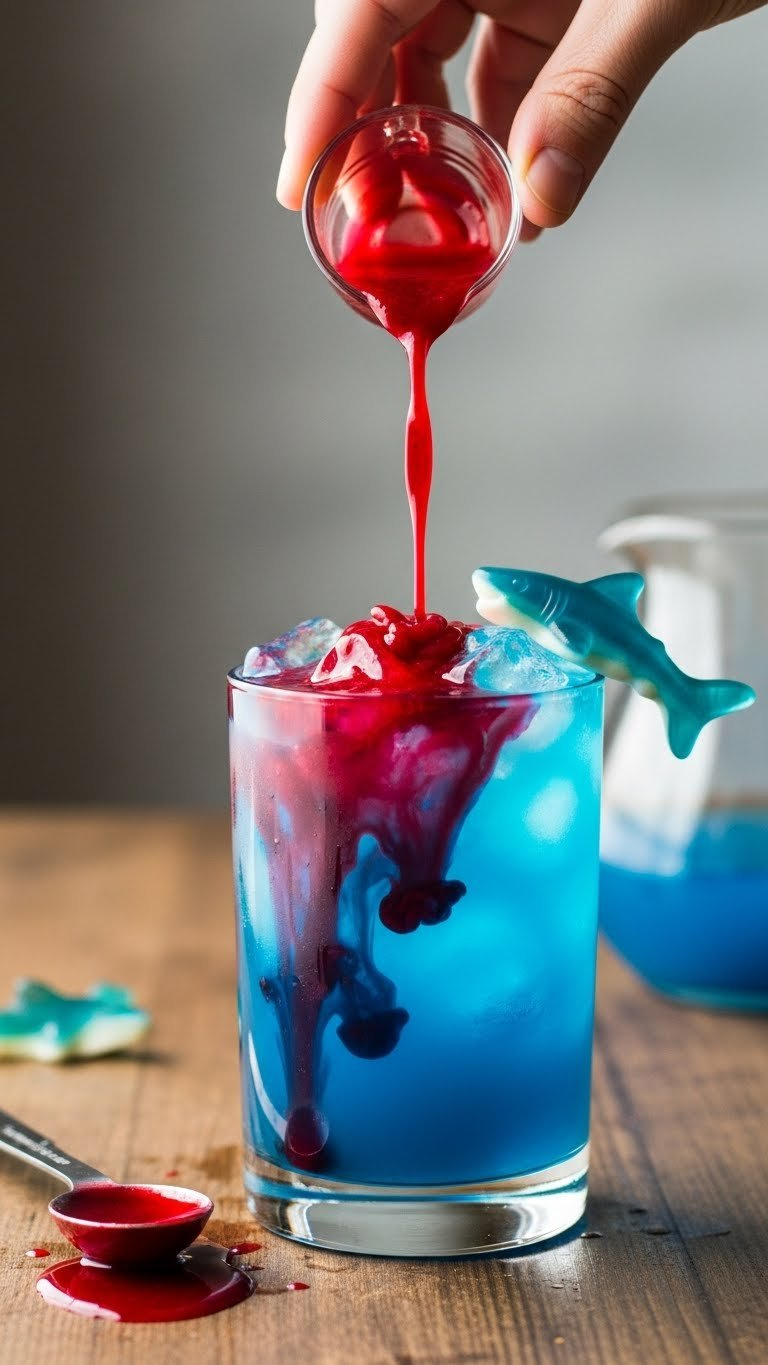 Rich Red Liquid Drizzling Into Blue Mocktail Creating Dramatic Blood-In-Water Effect With Gummy Shark Garnish