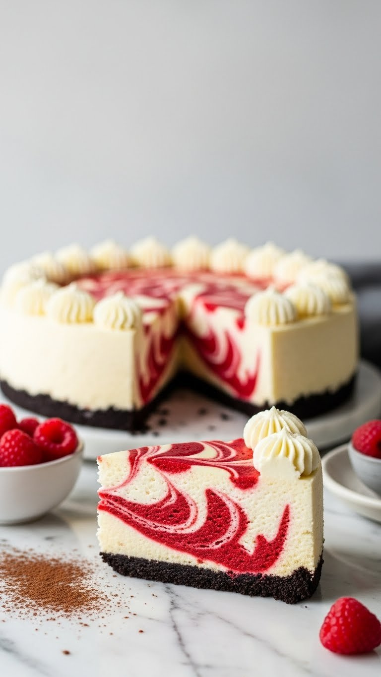 Rich Red Velvet Cheesecake Slice With Chocolate Cookie Crust, Creamy Filling, Raspberries &Amp; Cocoa. Elegant Dessert.