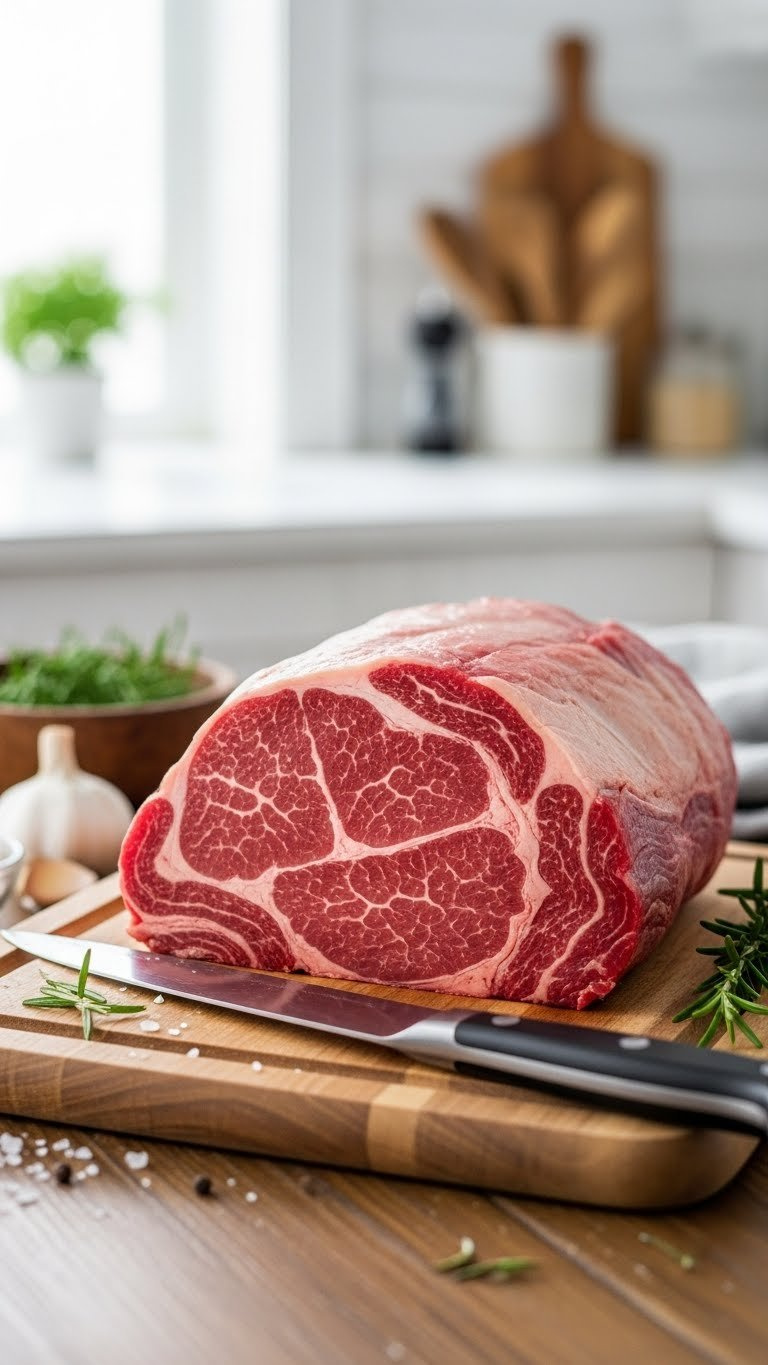 Rich Red, Well-Marbled Raw Boneless Beef Chuck Roast On A Wooden Board With Knife And Rosemary For Cooking.